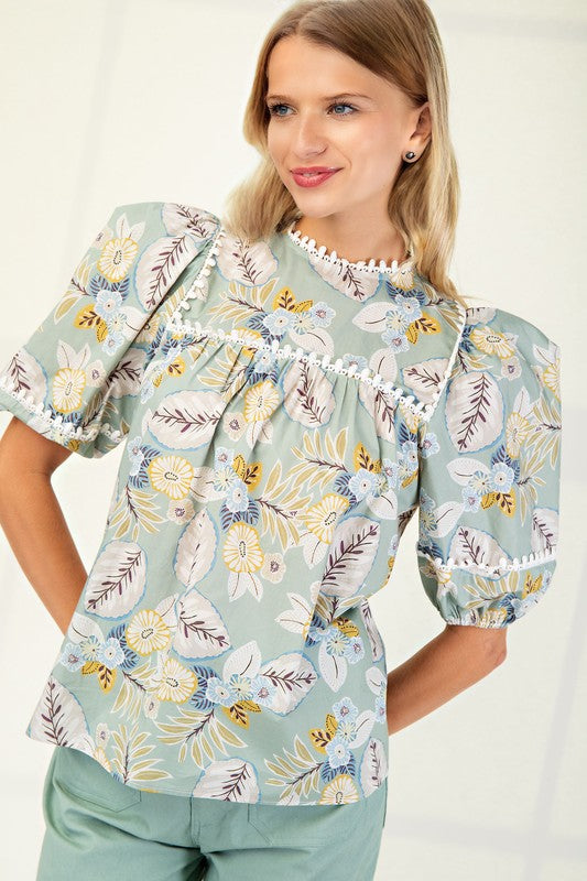 Balloon Sleeve Top with High Round Neck and Trim Details
