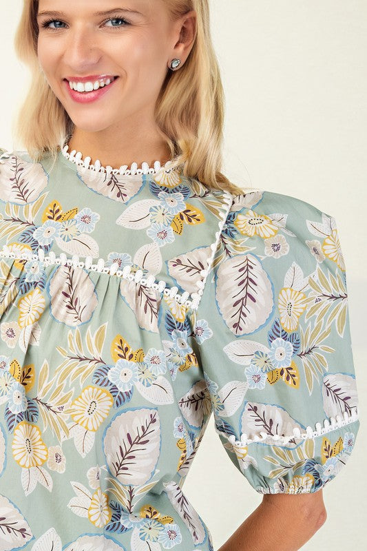 Balloon Sleeve Top with High Round Neck and Trim Details