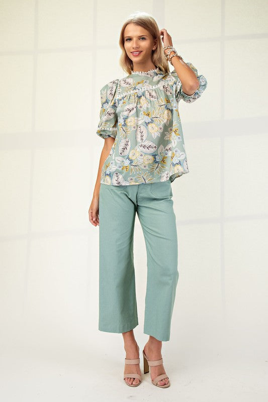 Balloon Sleeve Top with High Round Neck and Trim Details