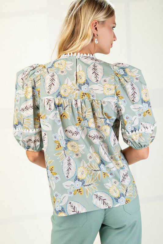 Balloon Sleeve Top with High Round Neck and Trim Details