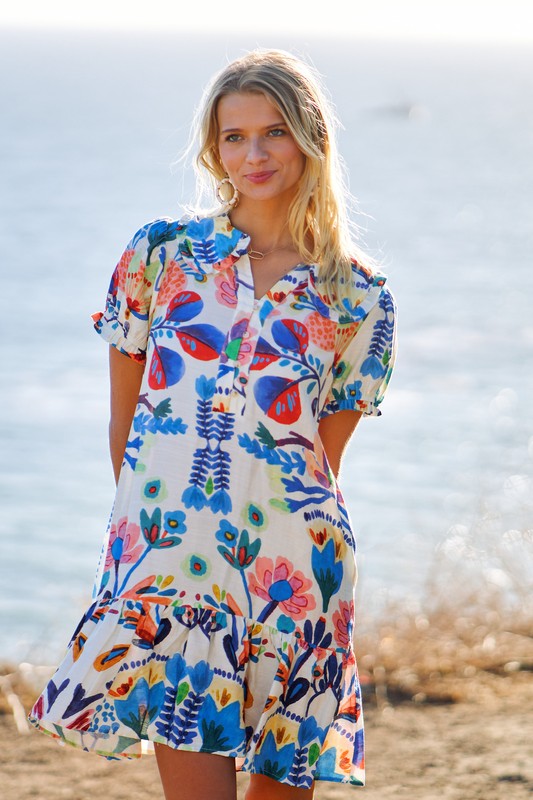 Peter Pan Collar Button Down Mini Dress with Short Puff Sleeves