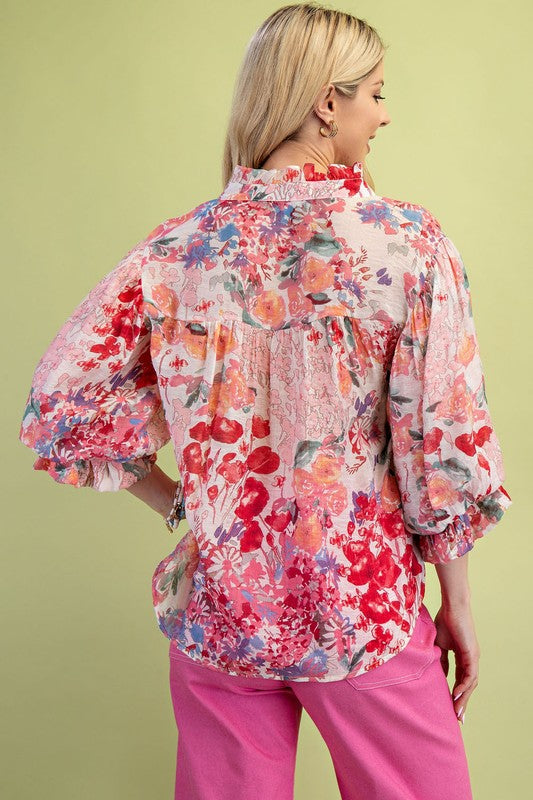 Pink Floral Printed Button Down Top with 3/4 Length Gathered Balloon Sleeves