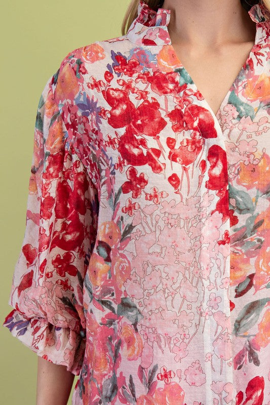 Pink Floral Printed Button Down Top with 3/4 Length Gathered Balloon Sleeves