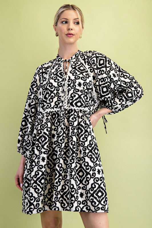 Printed Babydoll Dress with Ric-Rac Trim Details and Sleeve Ties