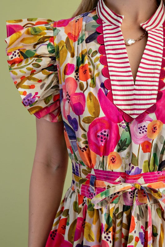 Floral Ruffle Sleeve Pintucked Dress
