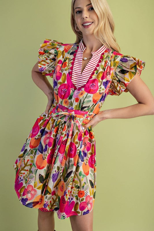 Floral Ruffle Sleeve Pintucked Dress