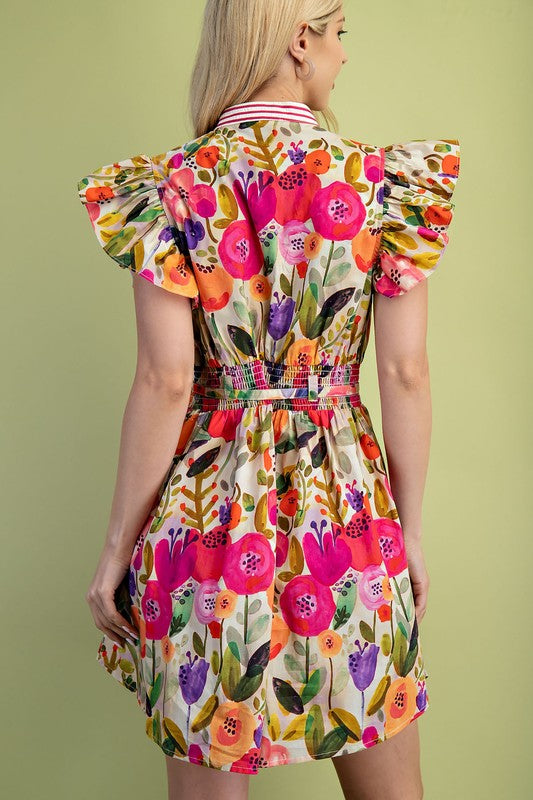 Floral Ruffle Sleeve Pintucked Dress