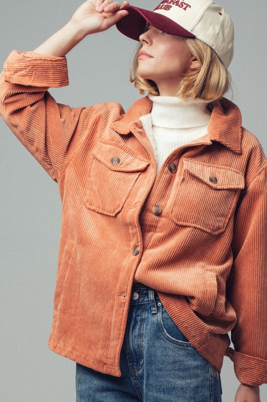 Spice Corduroy Sherpa Lined Button Down Jacket