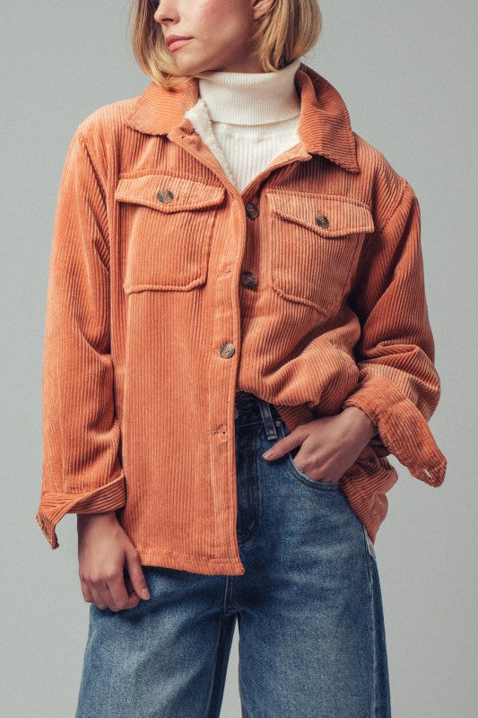 Spice Corduroy Sherpa Lined Button Down Jacket