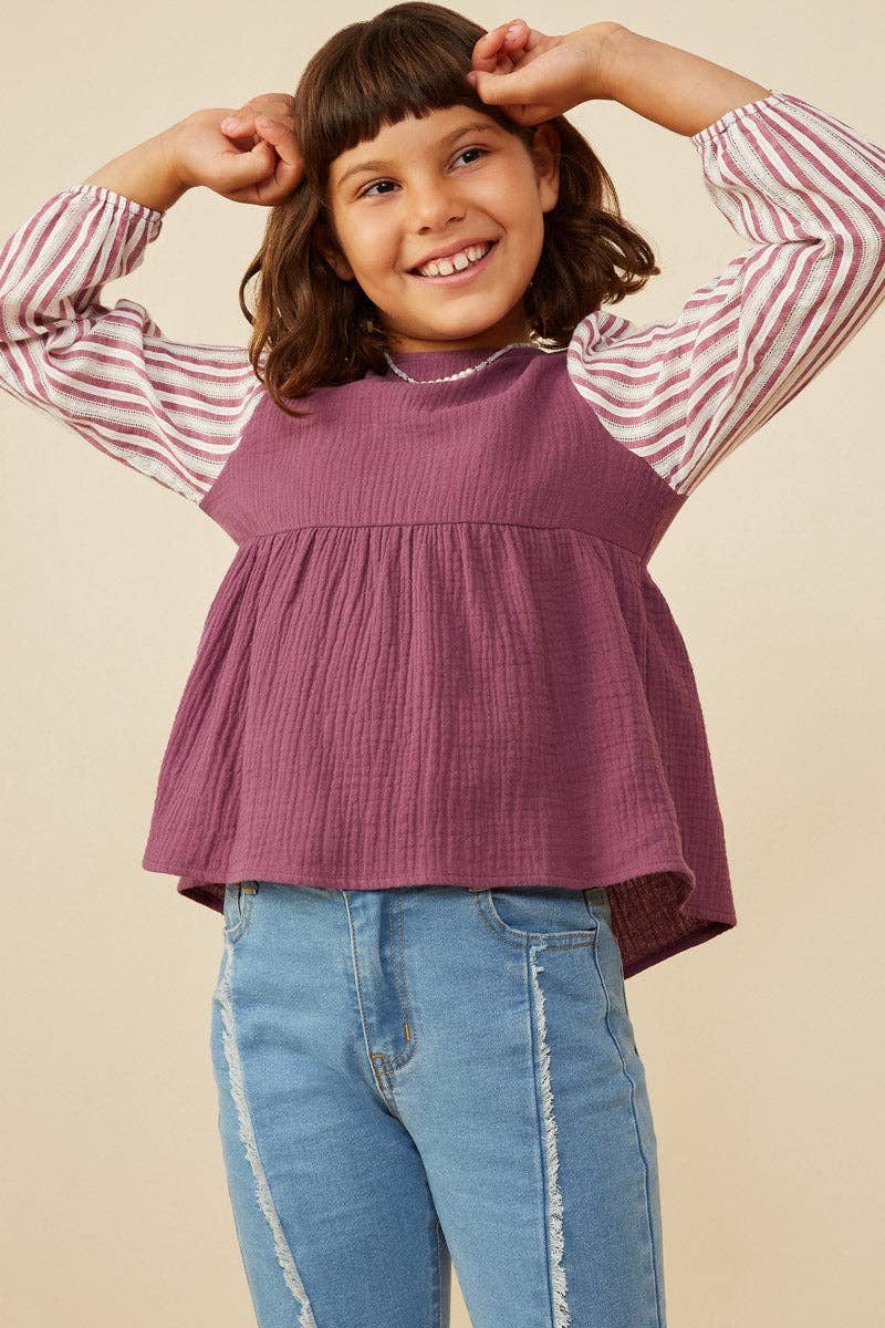 Girls Mix Media Contrast Sleeve Gauze Top: Purple
