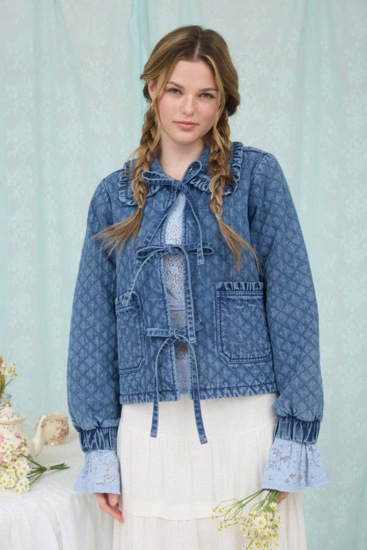 Washed Denim Quilted Front Tie Jacket
