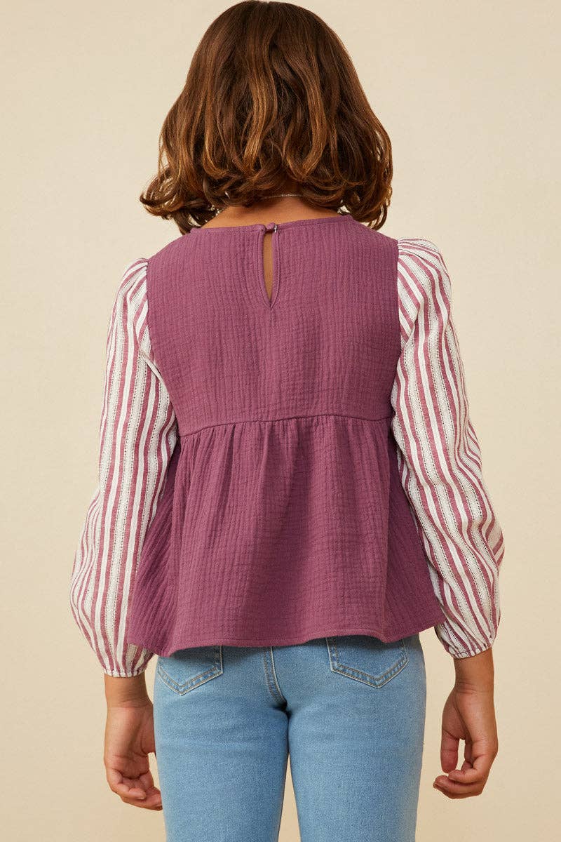 Girls Mix Media Contrast Sleeve Gauze Top: Purple