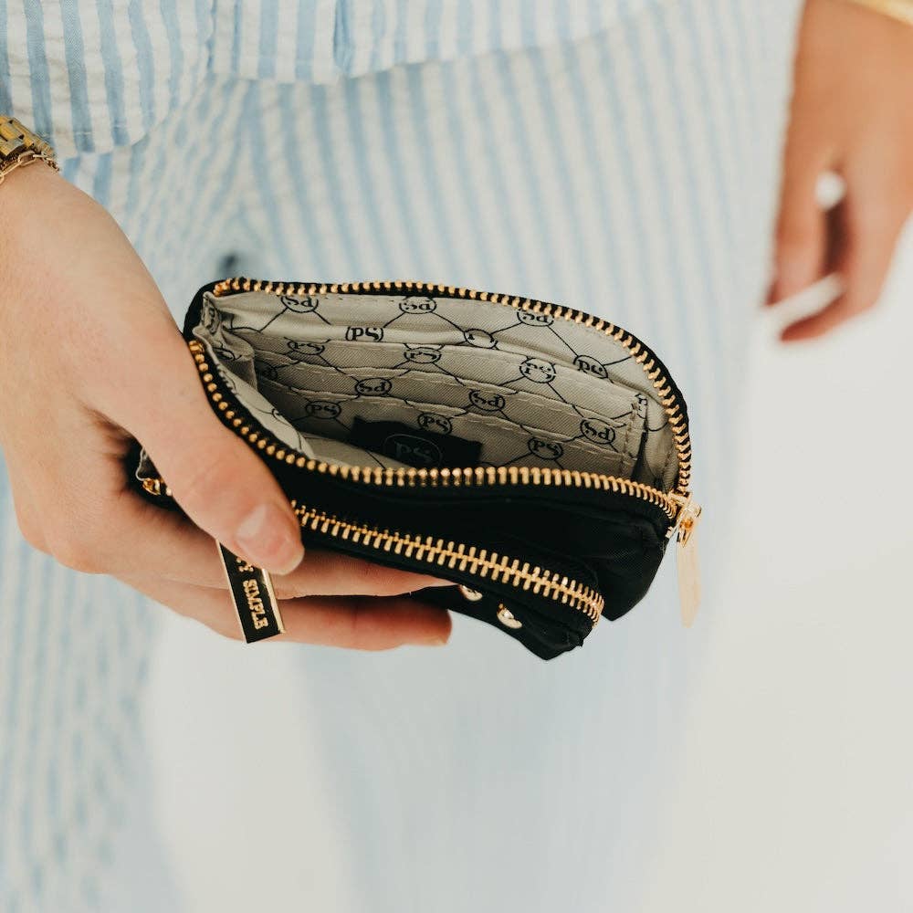 Nylon Cameron Clippable Double Zip Card Wallet: Black