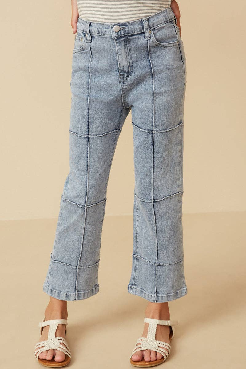Girls Washed Paneled Detail Denim Jeans: Light Denim