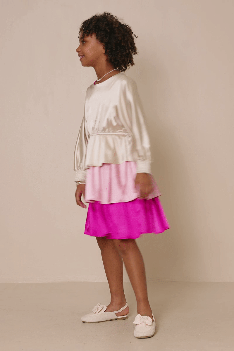 Girls Color Block Tiered Skirt Satin Dress: Pink Mix