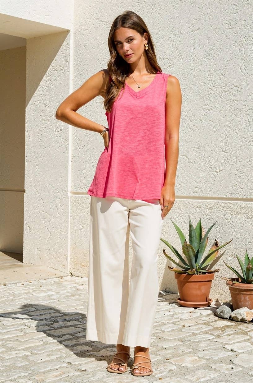 V-Neck Cotton Top: Hot Pink