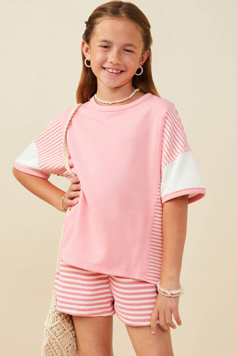 Girls Colorblock Stripe Insert Knit T Shirt: Pink