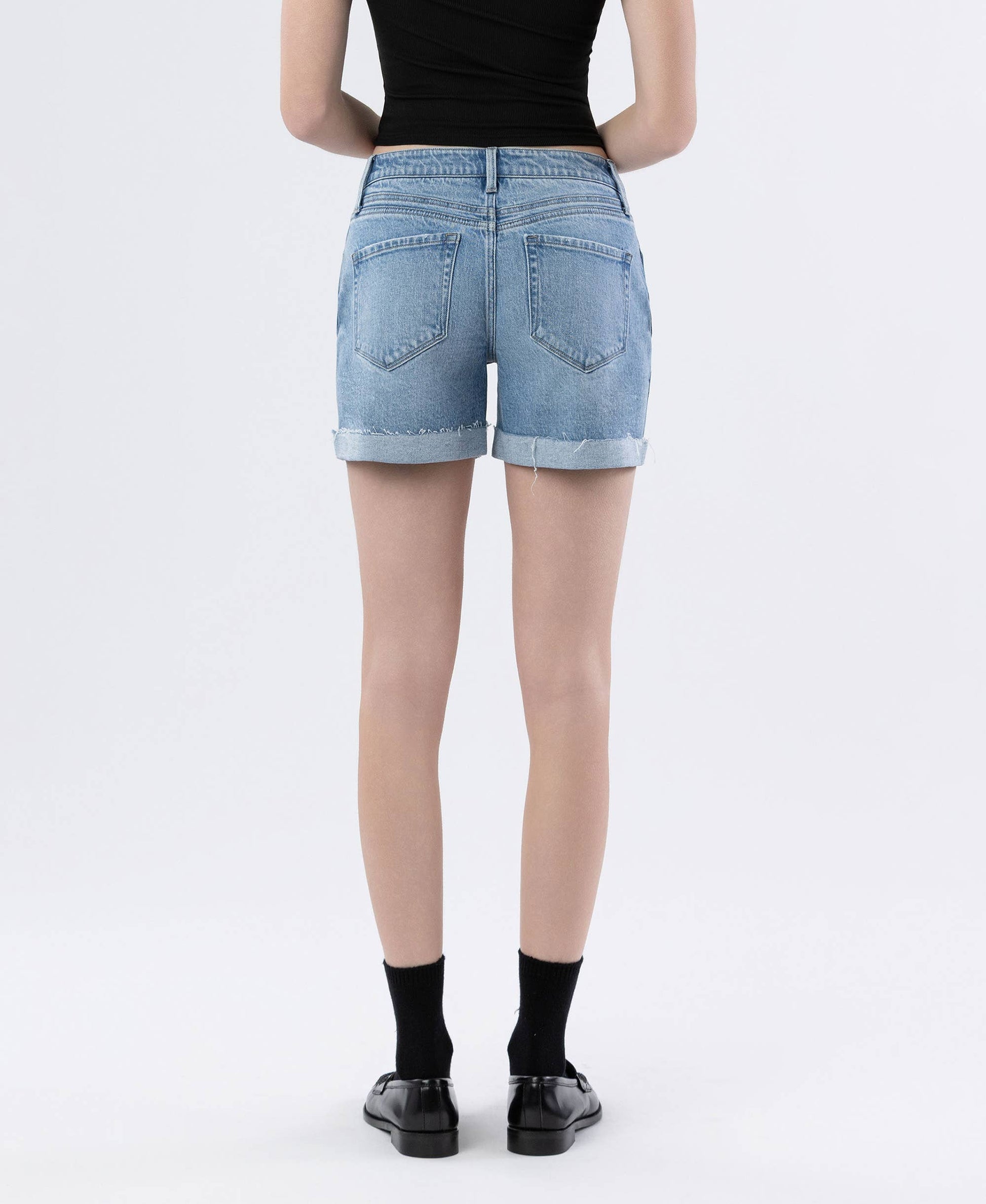 HIGH RISE DOUBLE FRONT POCKET CUFF SHORTS: GODS PLAN