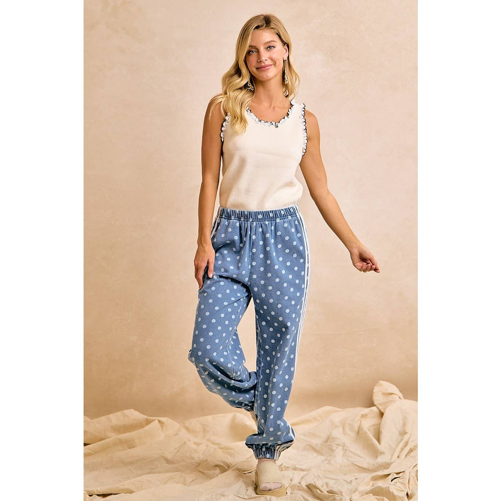 WASHED DENIM POLKA DOT ELASTIC HEM JOGGER PANTS: WASHED DENIM / XL
