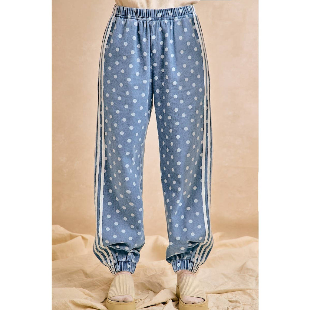 WASHED DENIM POLKA DOT ELASTIC HEM JOGGER PANTS: WASHED DENIM / XL
