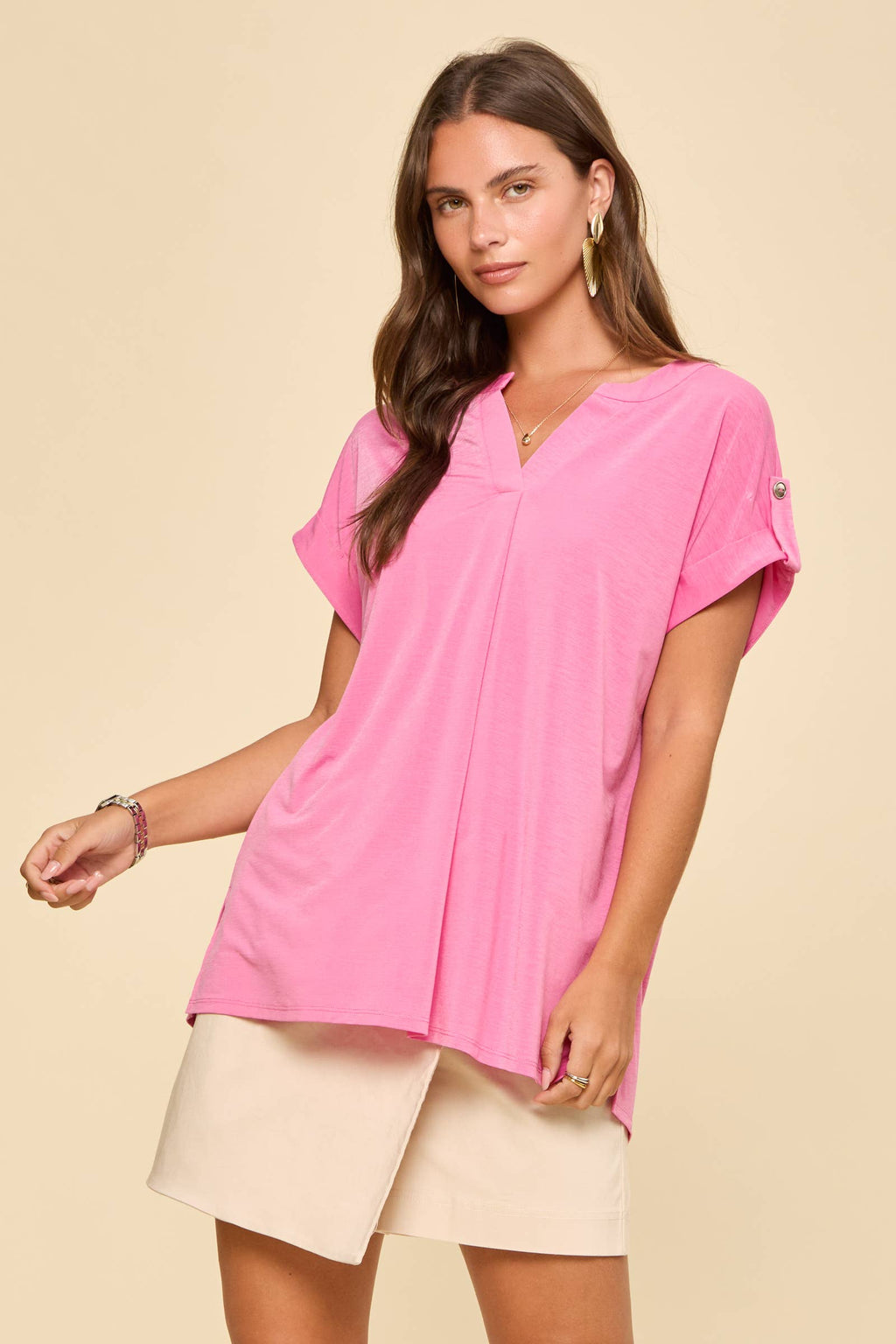 Lizzy Mandarin Collar Top: Pink