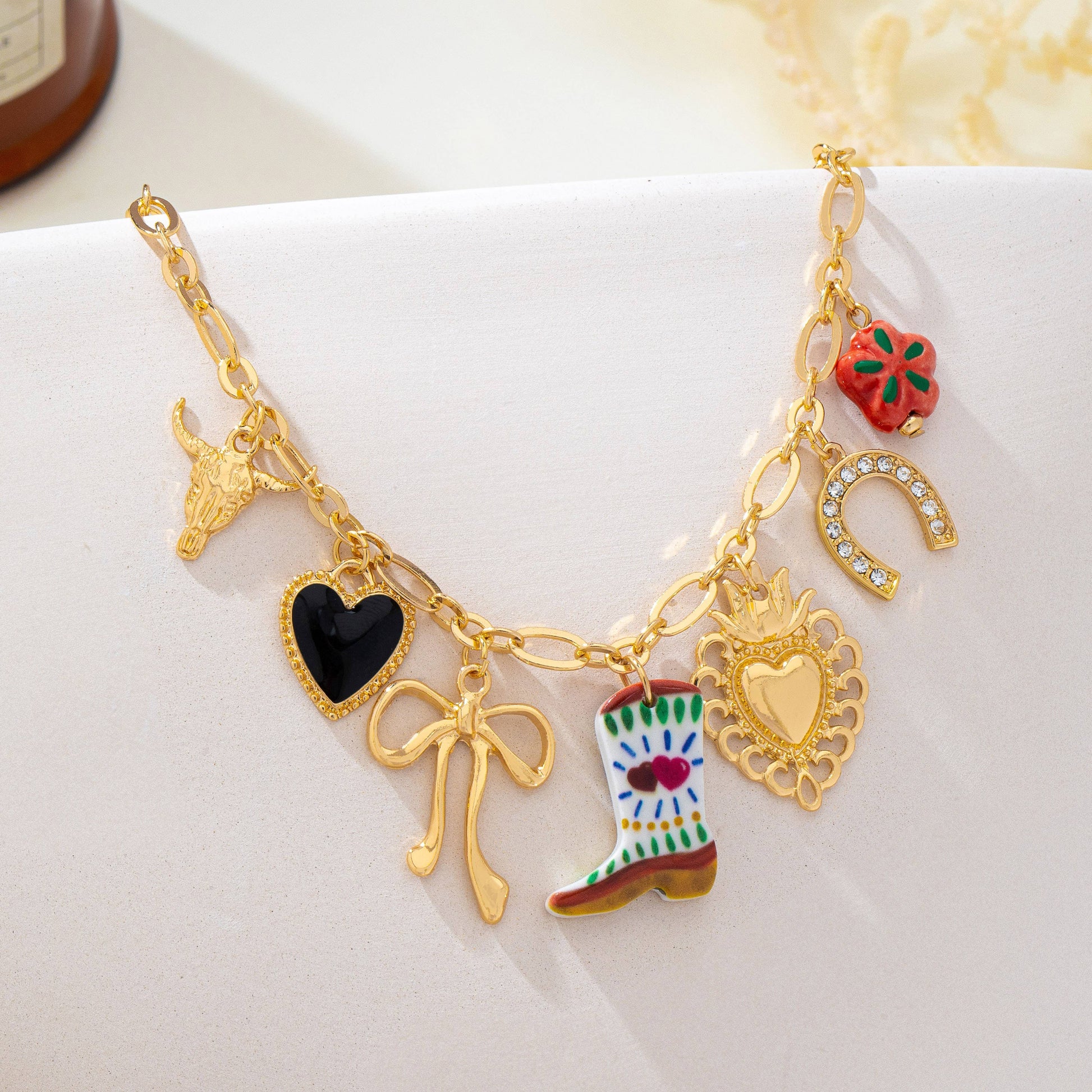 Western Boot Horseshoe Heart Multi Charm Necklace