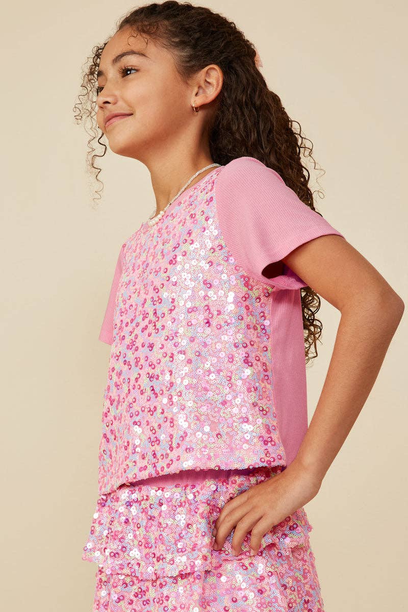 Girls Sequin Paneled T Shirt: Pink