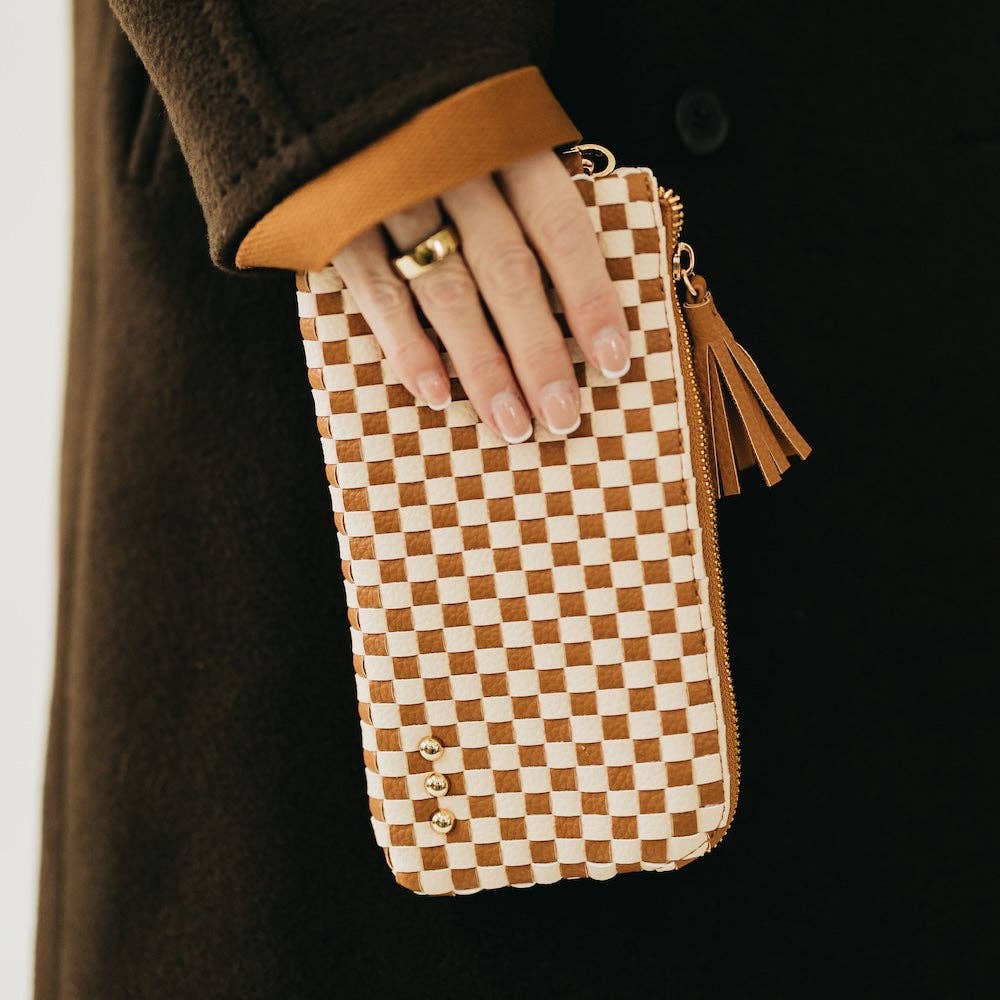 Emma Woven Clutch Wristlet: Brown Checkered