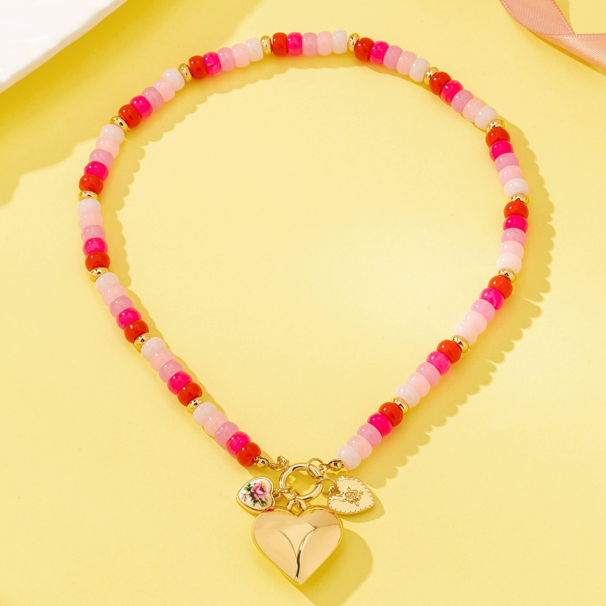 Sweetheart Beaded Porcelain Heart Charm Necklaces