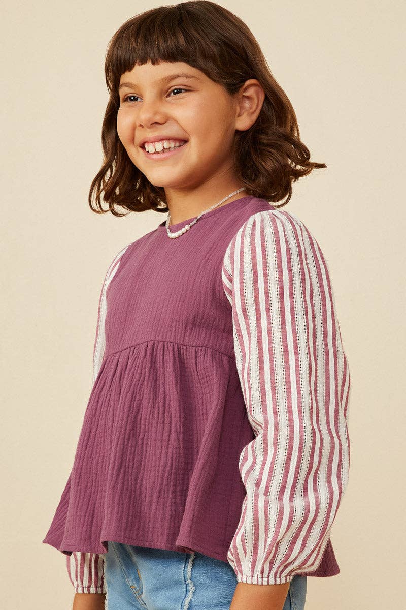 Girls Mix Media Contrast Sleeve Gauze Top: Purple