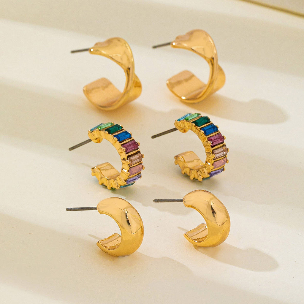 Multi Colored Baguette Twisted Hoop Trio Earring