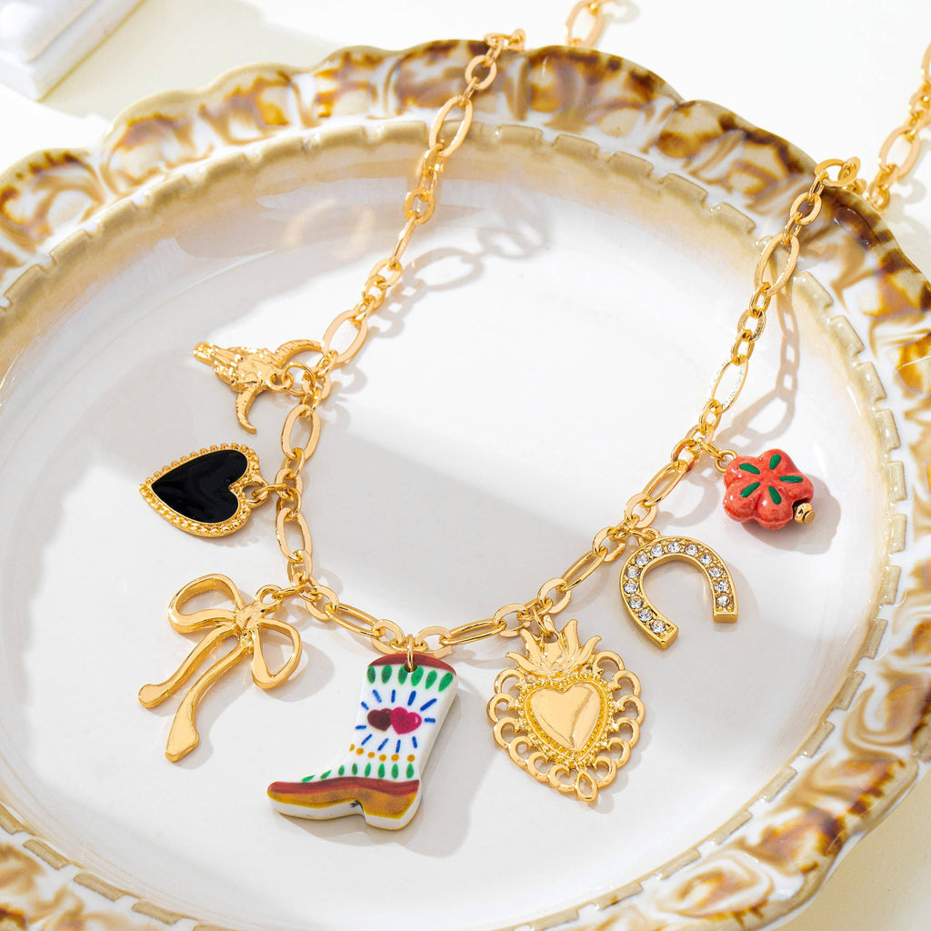 Western Boot Horseshoe Heart Multi Charm Necklace