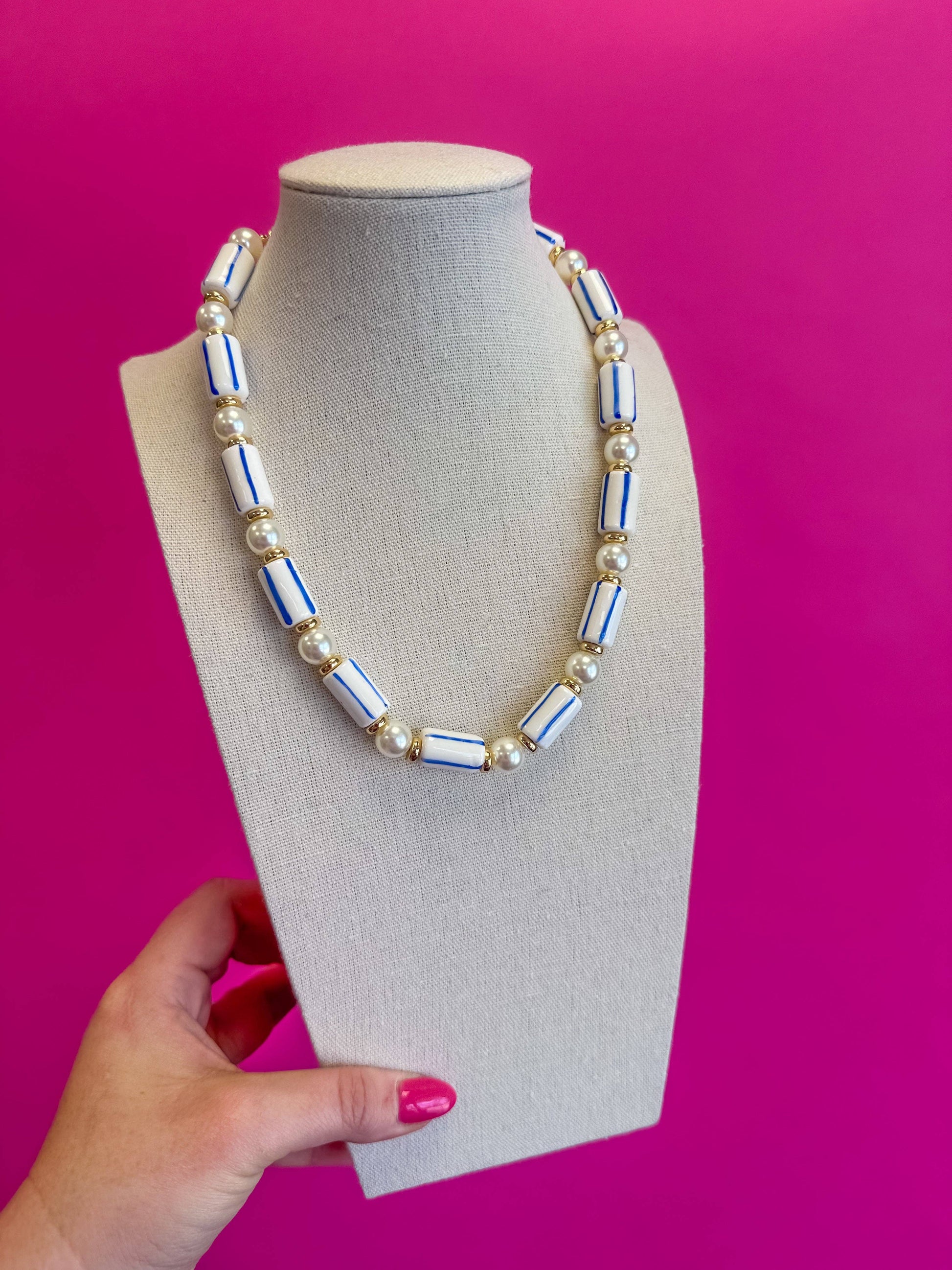 Long Bead with Pearl Bead Necklace - Blue