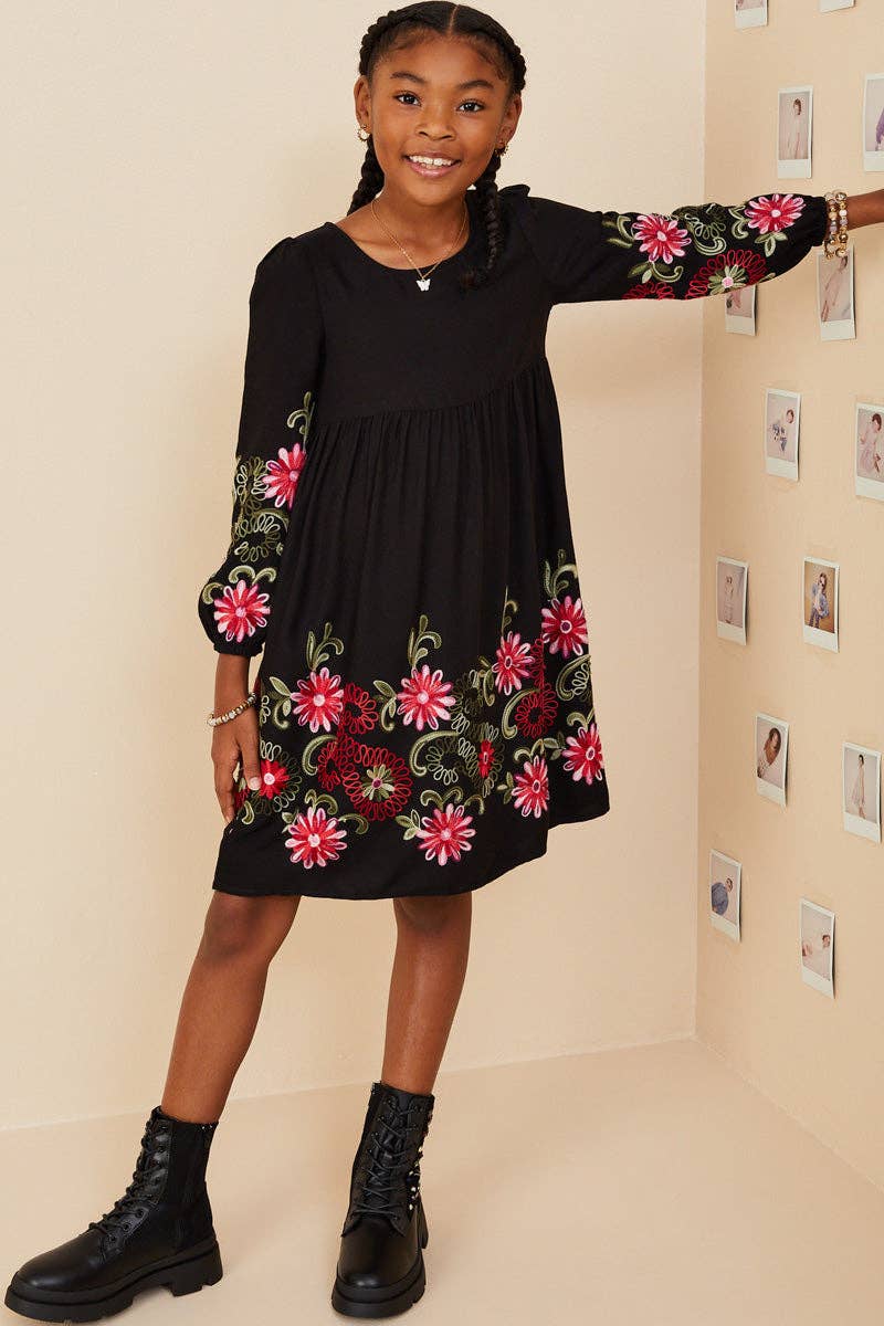 Girls Embroidered Detail Long Sleeve Scoop Neck Dress