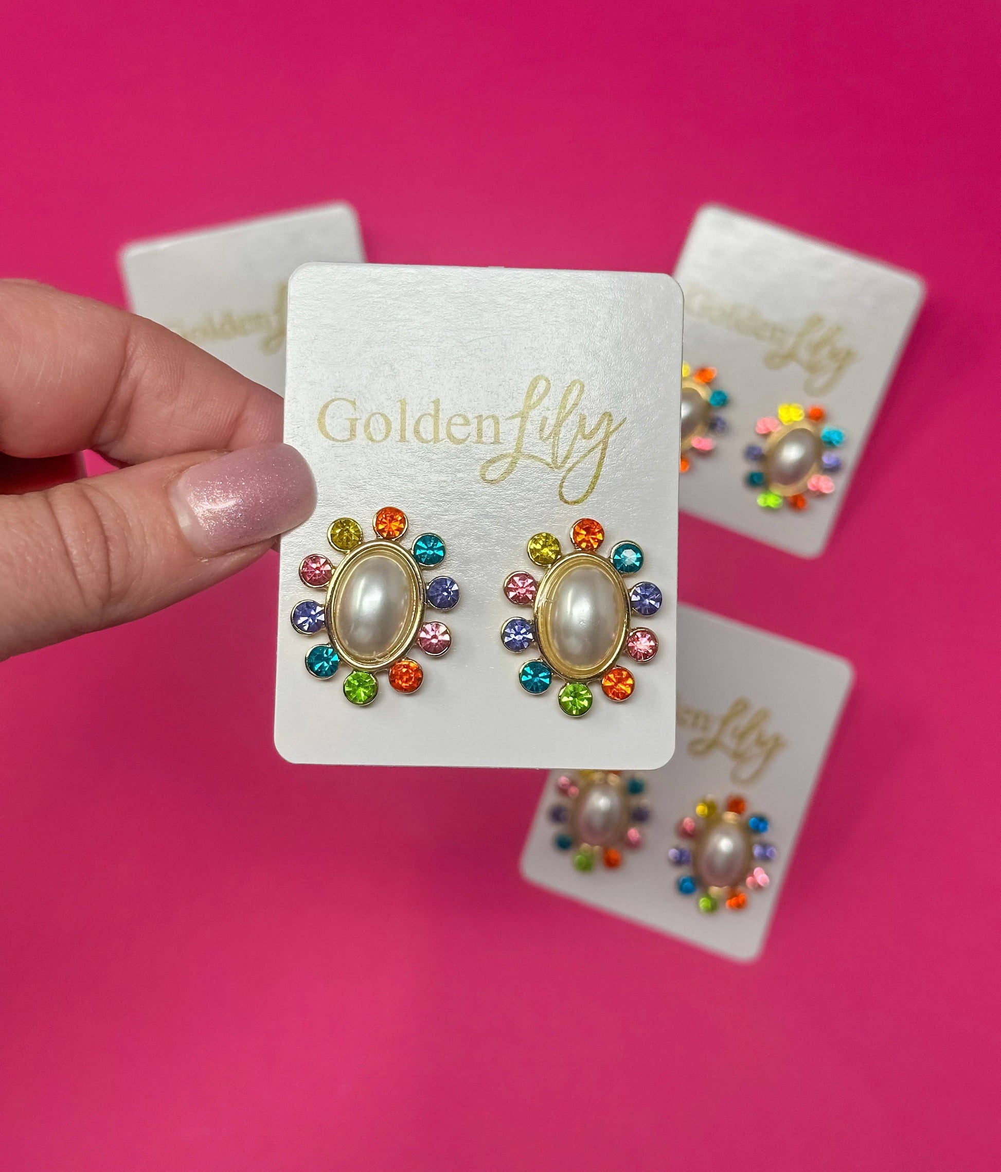 Statement Stud Earrings - Pearl with Multi Stones