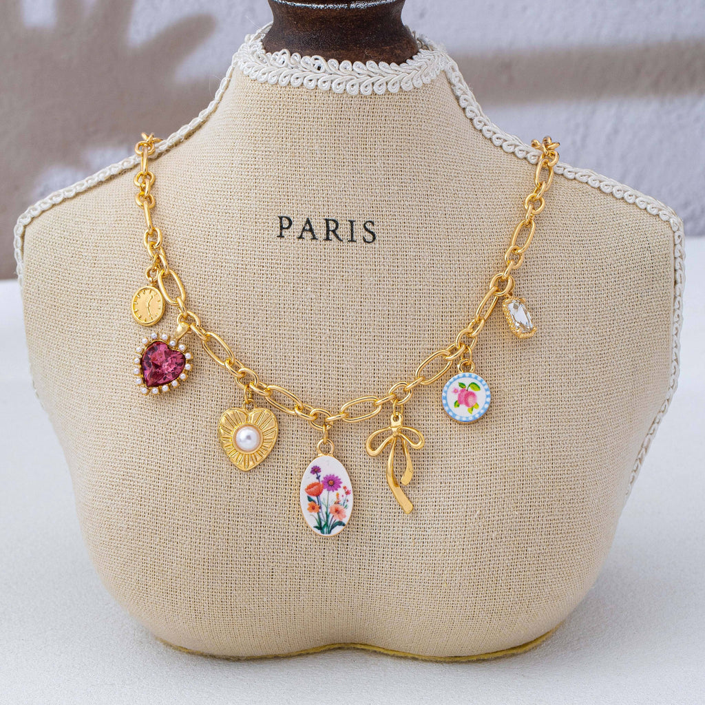 Vintage Bow Porcelain Multi-Charm Link Necklace