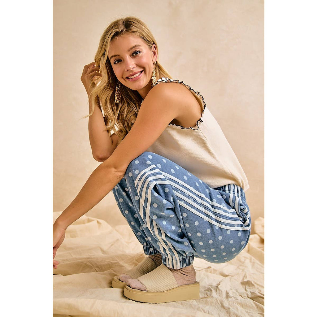 WASHED DENIM POLKA DOT ELASTIC HEM JOGGER PANTS: WASHED DENIM / XL