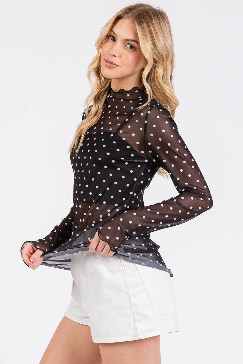 Black & White Polka Dot Mesh Long Sleeve Top