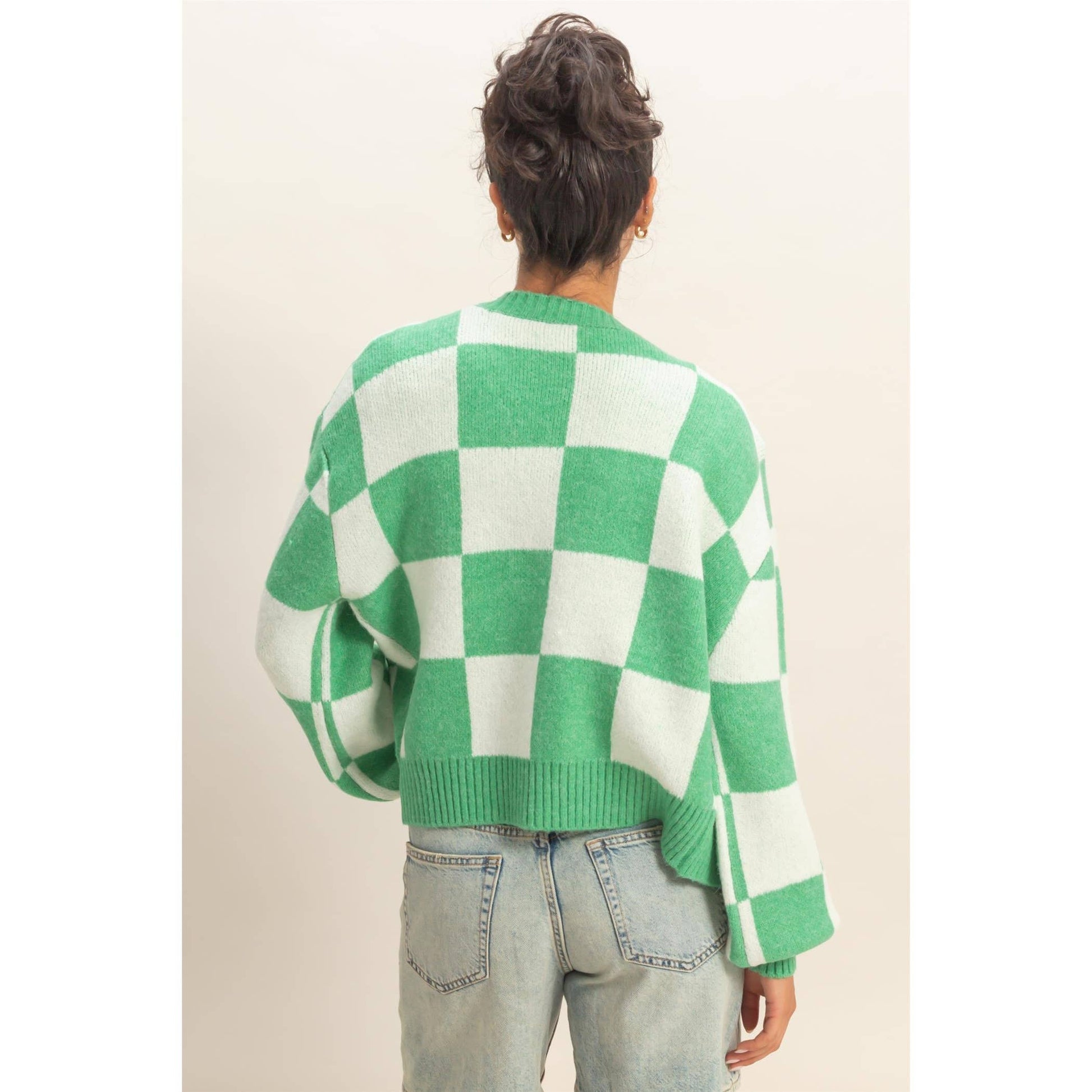 Checkered Button Front Cardigan Sweater - Green
