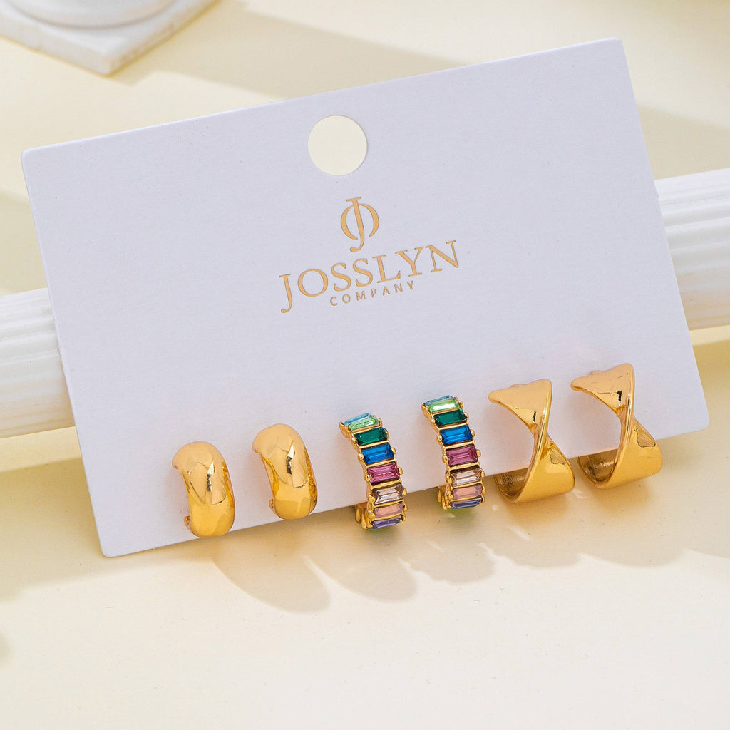 Multi Colored Baguette Twisted Hoop Trio Earring