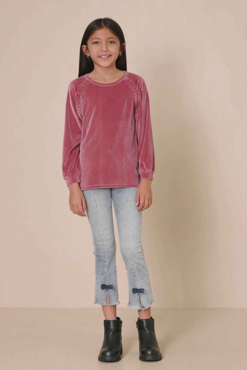 Girls Ruffled Raglan Seam Brushed Rib Top Mauve