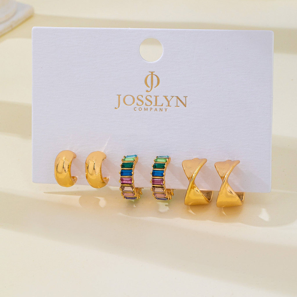 Multi Colored Baguette Twisted Hoop Trio Earring