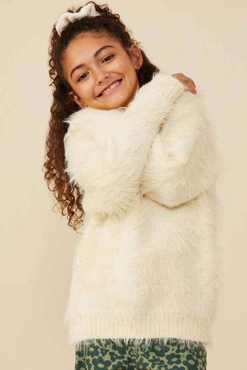 Girls Faux Fur Pullover Sweater: Ivory