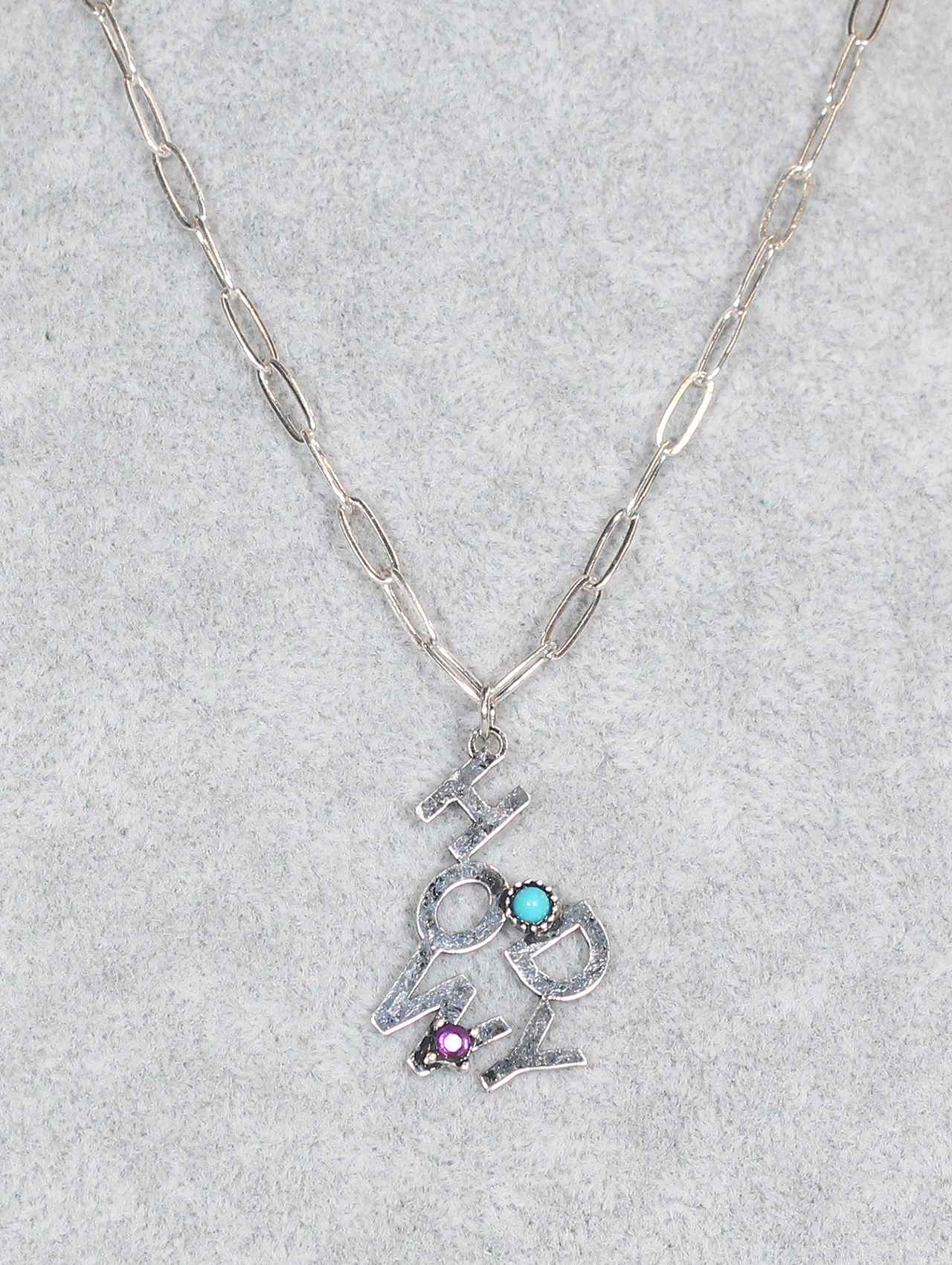 Antique Silver “Howdy” Typography Pendant Necklace with Stone Accents