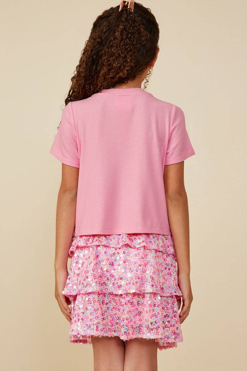 Girls Sequin Paneled T Shirt: Pink