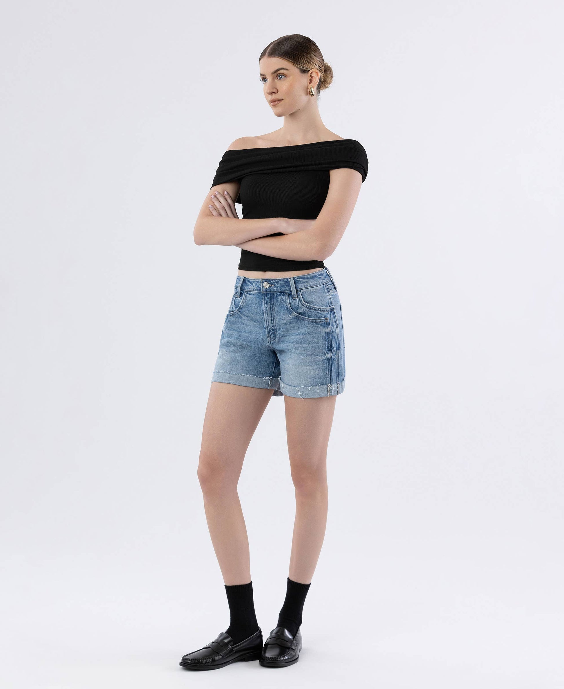 HIGH RISE DOUBLE FRONT POCKET CUFF SHORTS: GODS PLAN
