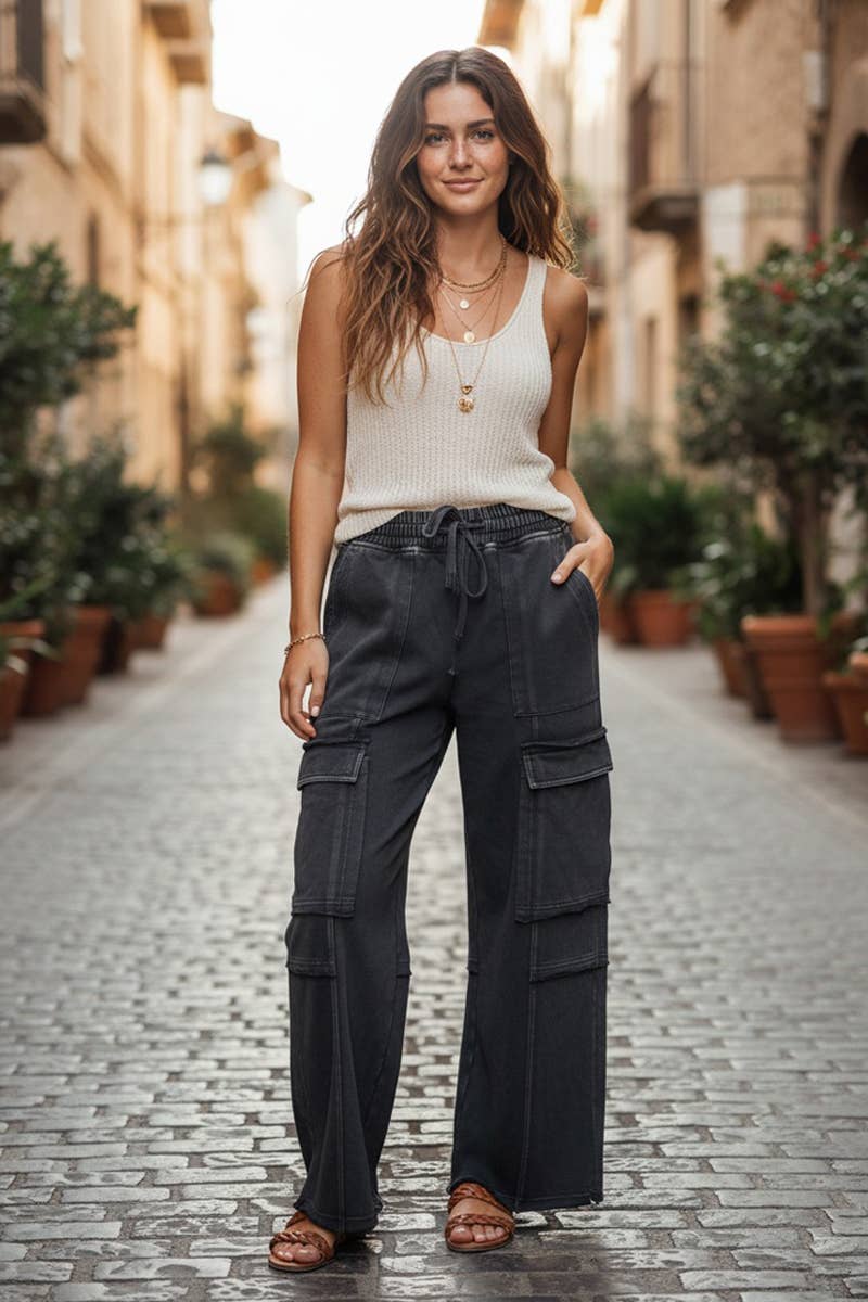 Mineral Washed Terry Cargo Pants - 2 Colors!