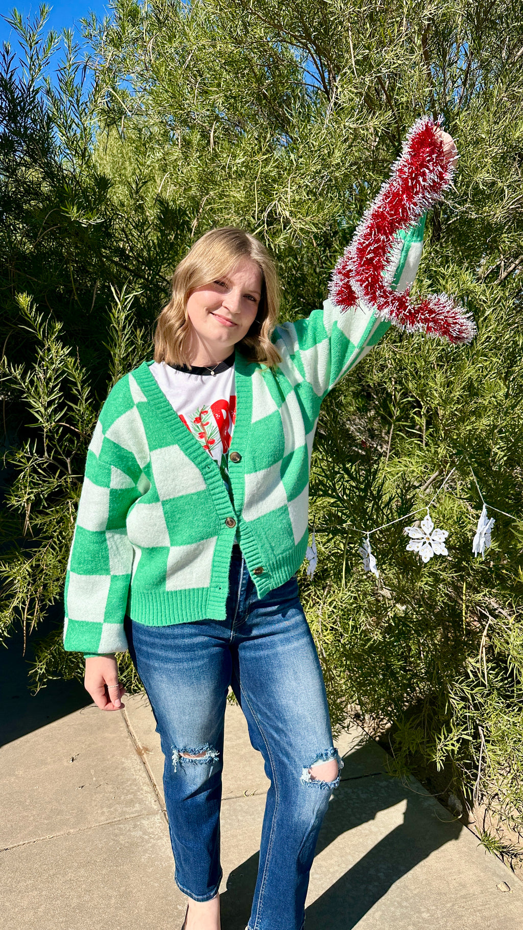 Checkered Button Front Cardigan Sweater - Green