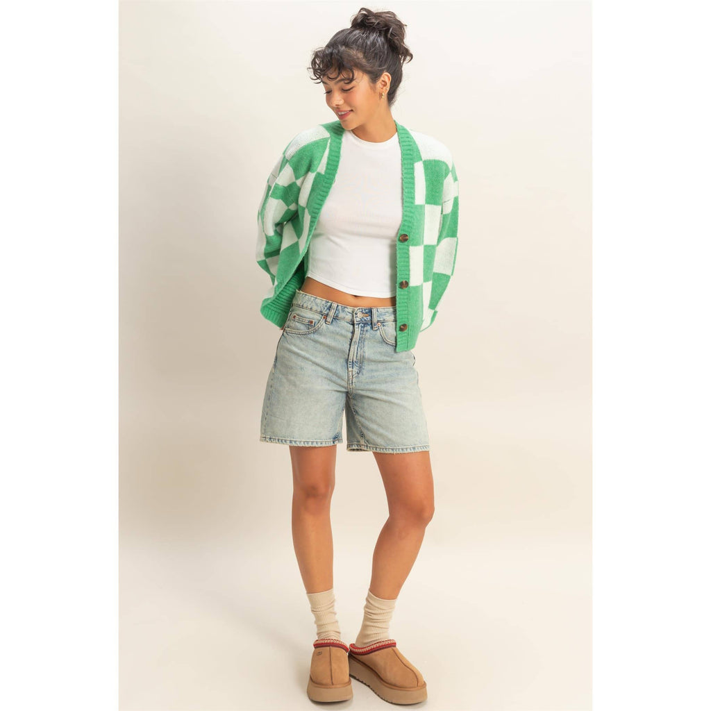 Checkered Button Front Cardigan Sweater - Green