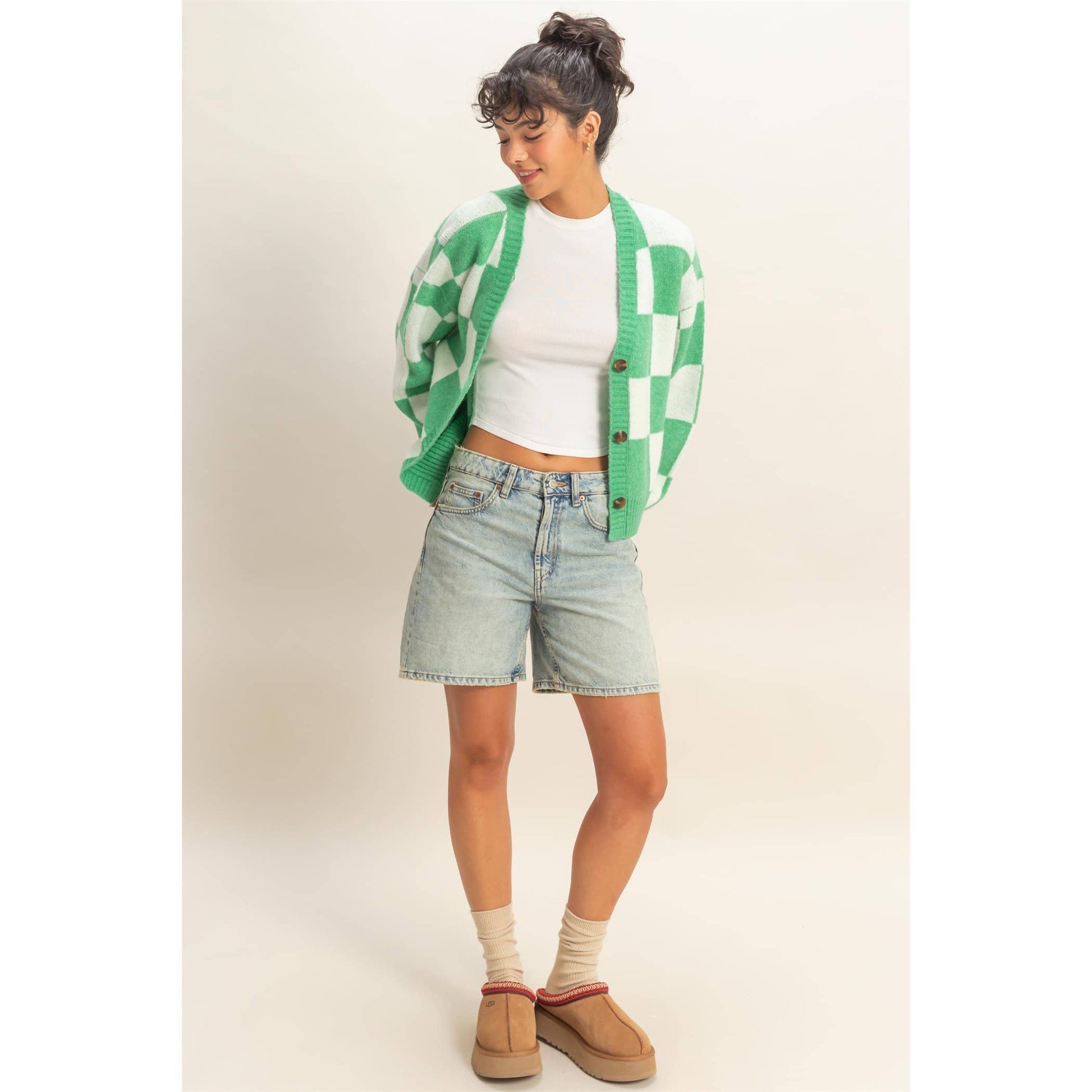 Checkered Button Front Cardigan Sweater - Green